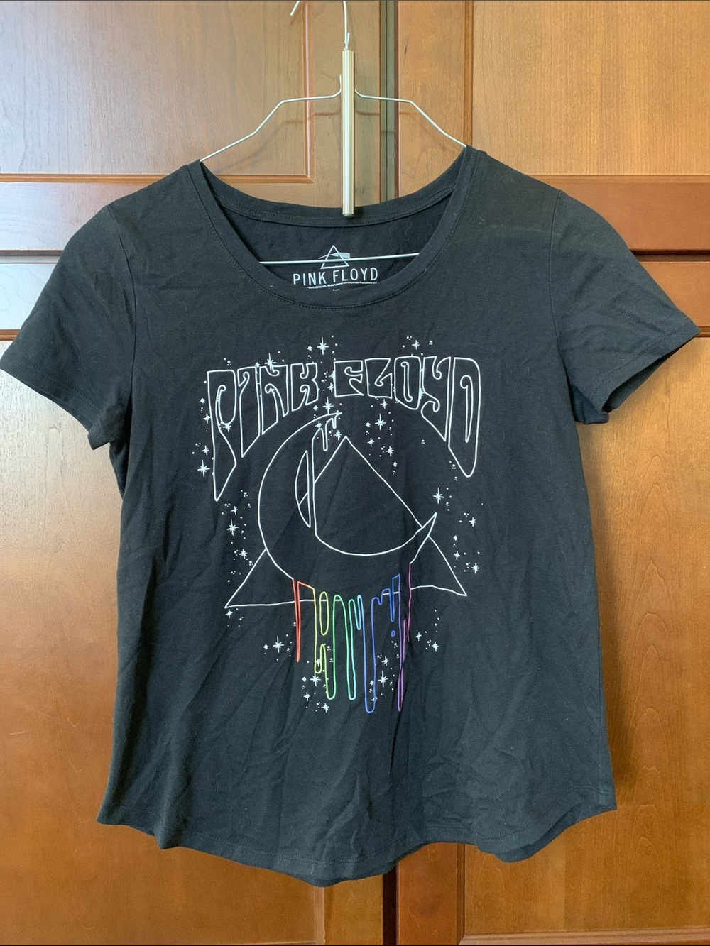 Pink Floyd Black Tee with White Moon Outline and Rainbow Drips Women’s Medium
